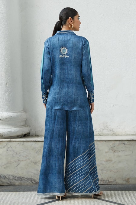 Shop Kamaali Pret Blue Bamberg Satin Printed Stripe Rope Pant at Aza Fashions Shop_Kamaali Pret_Blue Bamberg Satin Printed Stripe Rope Pant _at_Aza_Fashions