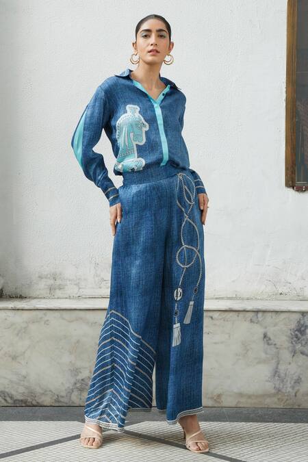 Kamaali Pret Blue Bamberg Satin Printed Stripe Rope Pant Online at Aza Fashions Kamaali Pret_Blue Bamberg Satin Printed Stripe Rope Pant _Online_at_Aza_Fashions