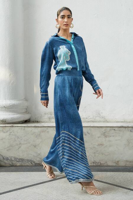 Buy Kamaali Pret Blue Bamberg Satin Printed Stripe Rope Pant Online at Aza Fashions Buy_Kamaali Pret_Blue Bamberg Satin Printed Stripe Rope Pant _Online_at_Aza_Fashions