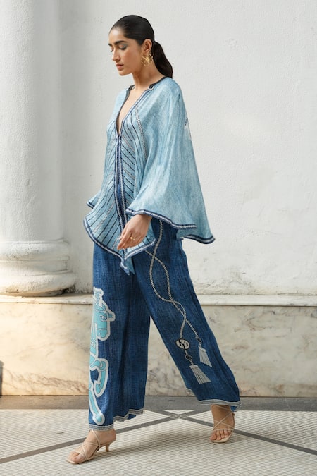 Kamaali Pret_Blue Bamberg Satin Rope And Horse Motifs Print Flared Pant _Online_at_Aza_Fashions