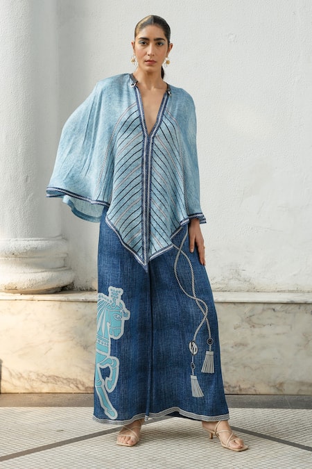 Buy_Kamaali Pret_Blue Bamberg Satin Rope And Horse Motifs Print Flared Pant _Online_at_Aza_Fashions