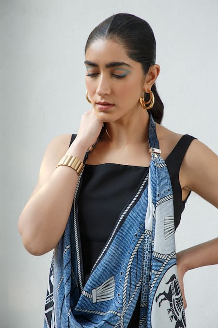Kamaali Pret_Blue Horse Print Scarf _Online_at_Aza_Fashions