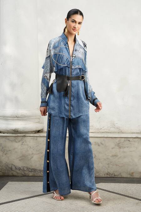 Buy Kamaali Pret Blue Bamberg Satin Rope And Horse Motifs Band Collar Printed Flap Shirt Online at Aza Fashions Buy_Kamaali Pret_Blue Bamberg Satin Rope And Horse Motifs Band Collar Printed Flap Shirt _Online_at_Aza_Fashions