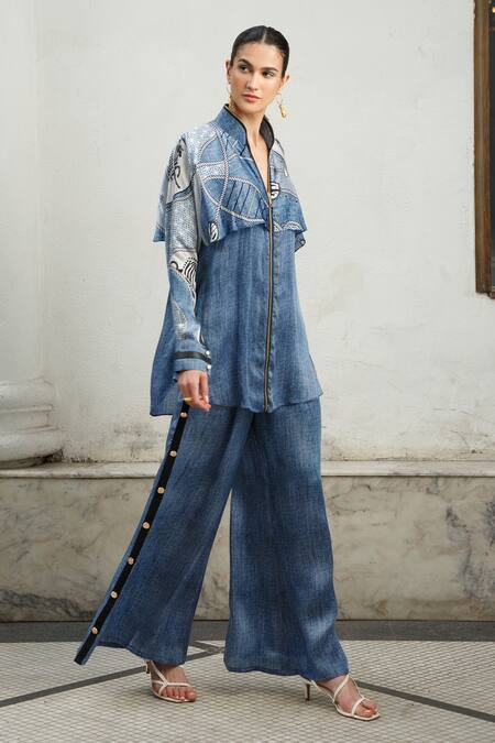 Kamaali Pret Blue Bamberg Satin Rope And Horse Motifs Band Collar Printed Flap Shirt Online at Aza Fashions Kamaali Pret_Blue Bamberg Satin Rope And Horse Motifs Band Collar Printed Flap Shirt _Online_at_Aza_Fashions