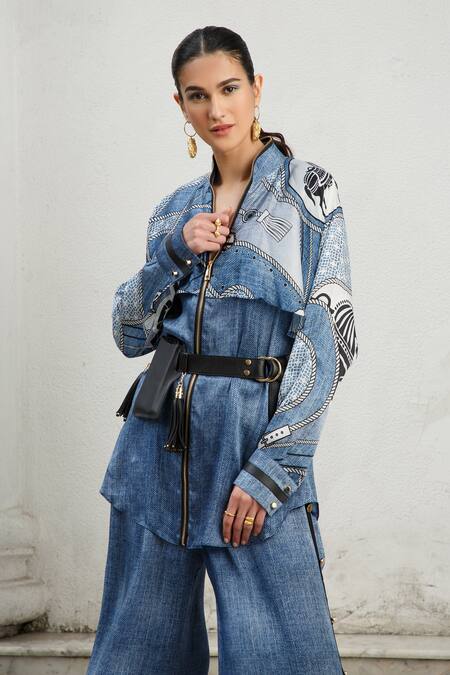 Shop Kamaali Pret Blue Bamberg Satin Rope And Horse Motifs Band Collar Printed Flap Shirt Online at Aza Fashions Shop_Kamaali Pret_Blue Bamberg Satin Rope And Horse Motifs Band Collar Printed Flap Shirt _Online_at_Aza_Fashions