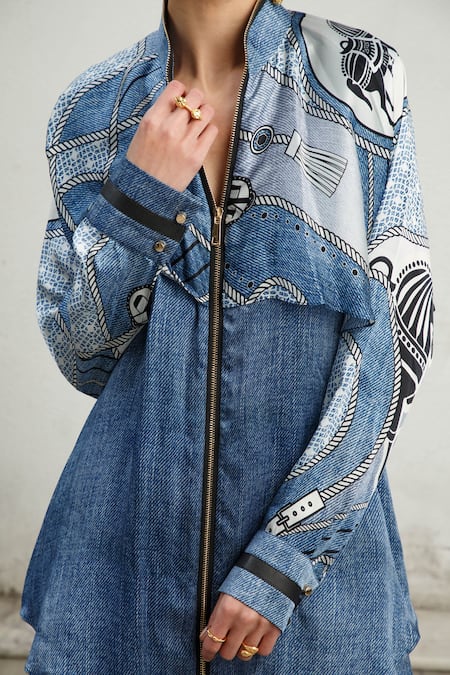 Kamaali Pret Blue Bamberg Satin Rope And Horse Motifs Band Collar Printed Flap Shirt at Aza Fashions Kamaali Pret_Blue Bamberg Satin Rope And Horse Motifs Band Collar Printed Flap Shirt _at_Aza_Fashions