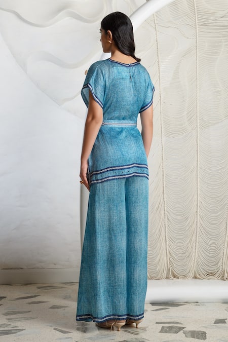 Shop Kamaali Pret Blue Bamberg Satin Printed Rope Round Kaftan And Pleated Pant Set at Aza Fashions Shop_Kamaali Pret_Blue Bamberg Satin Printed Rope Round Kaftan And Pleated Pant Set _at_Aza_Fashions