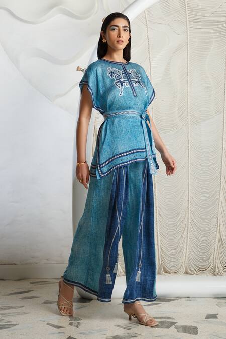 Kamaali Pret Blue Bamberg Satin Printed Rope Round Kaftan And Pleated Pant Set Online at Aza Fashions Kamaali Pret_Blue Bamberg Satin Printed Rope Round Kaftan And Pleated Pant Set _Online_at_Aza_Fashions
