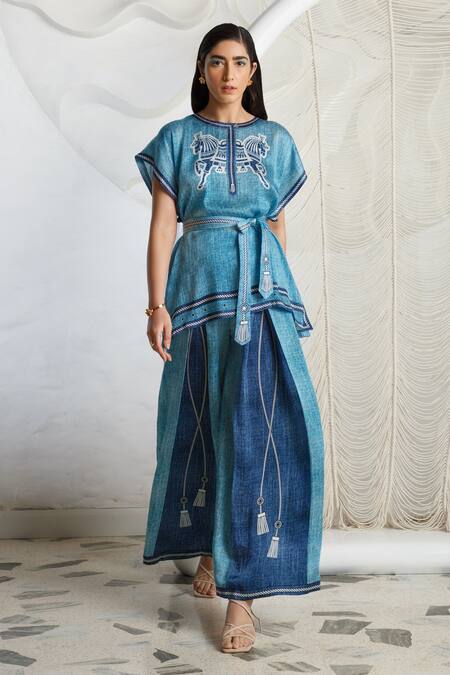 Buy Kamaali Pret Blue Bamberg Satin Printed Rope Round Kaftan And Pleated Pant Set Online at Aza Fashions Buy_Kamaali Pret_Blue Bamberg Satin Printed Rope Round Kaftan And Pleated Pant Set _Online_at_Aza_Fashions