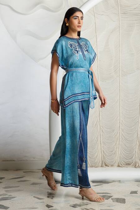 Shop Kamaali Pret Blue Bamberg Satin Printed Rope Round Kaftan And Pleated Pant Set Online at Aza Fashions Shop_Kamaali Pret_Blue Bamberg Satin Printed Rope Round Kaftan And Pleated Pant Set _Online_at_Aza_Fashions