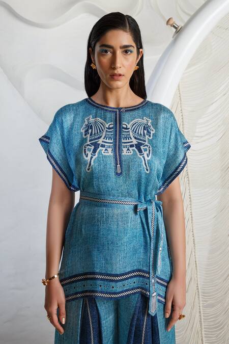 Kamaali Pret Blue Bamberg Satin Printed Rope Round Kaftan And Pleated Pant Set at Aza Fashions Kamaali Pret_Blue Bamberg Satin Printed Rope Round Kaftan And Pleated Pant Set _at_Aza_Fashions