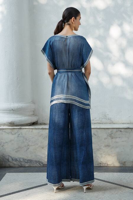 Shop Kamaali Pret Blue Bamberg Satin Printed Rope Inverted Pleat Pant at Aza Fashions Shop_Kamaali Pret_Blue Bamberg Satin Printed Rope Inverted Pleat Pant _at_Aza_Fashions