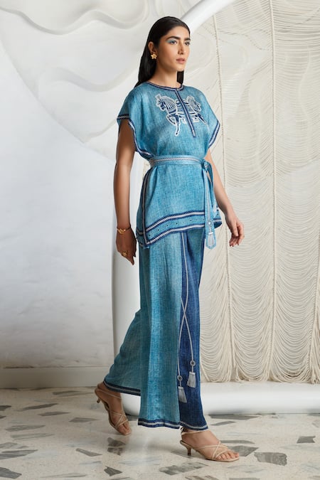 Kamaali Pret Blue Bamberg Satin Printed Rope Inverted Pleat Flared Pant Online at Aza Fashions Kamaali Pret_Blue Bamberg Satin Printed Rope Inverted Pleat Flared Pant _Online_at_Aza_Fashions