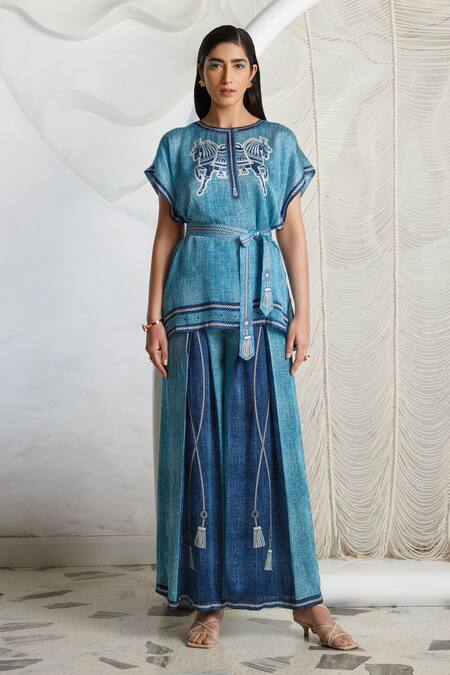 Buy Kamaali Pret Blue Bamberg Satin Printed Rope Inverted Pleat Flared Pant Online at Aza Fashions Buy_Kamaali Pret_Blue Bamberg Satin Printed Rope Inverted Pleat Flared Pant _Online_at_Aza_Fashions
