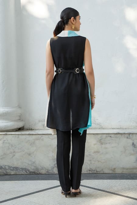 Shop Kamaali Pret Blue Micro Polyester Front Open Pleated Cover Up And Pant Set at Aza Fashions Shop_Kamaali Pret_Blue Micro Polyester Front Open Pleated Cover Up And Pant Set _at_Aza_Fashions