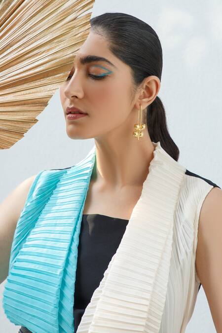 Kamaali Pret Blue Micro Polyester Front Open Pleated Cover Up And Pant Set at Aza Fashions Kamaali Pret_Blue Micro Polyester Front Open Pleated Cover Up And Pant Set _at_Aza_Fashions