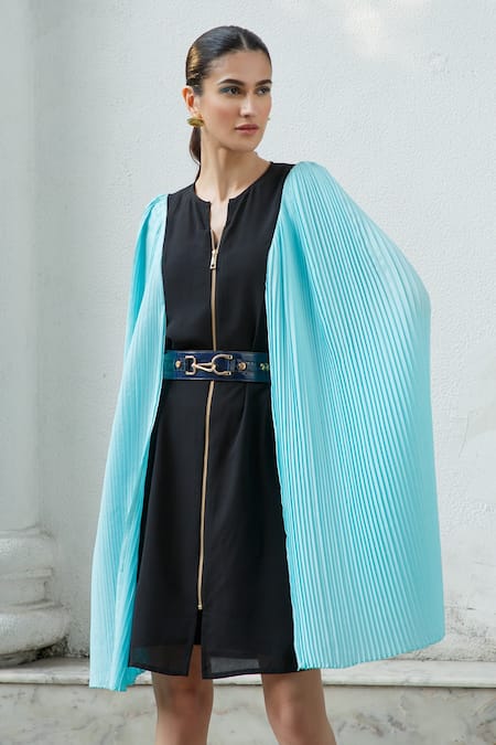 Kamaali Pret Black Poly Crepe, Micro Polyester Round Pleated Sleeve Dress