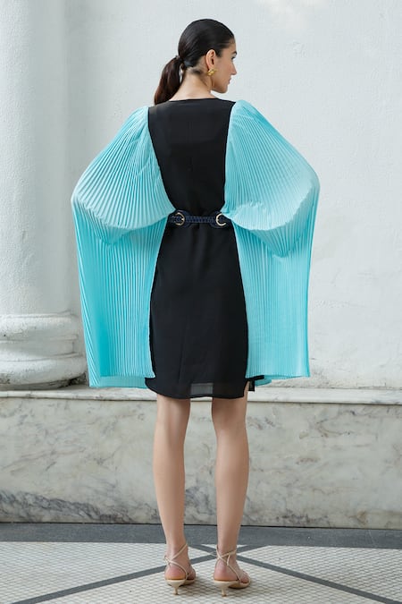 Shop Kamaali Pret Black Poly Crepe, Micro Polyester Round Pleated Sleeve Dress at Aza Fashions Shop_Kamaali Pret_Black Poly Crepe, Micro Polyester Round Pleated Sleeve Dress _at_Aza_Fashions