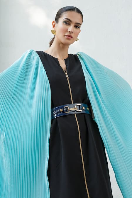 Kamaali Pret Black Poly Crepe, Micro Polyester Round Pleated Sleeve Dress Online at Aza Fashions Kamaali Pret_Black Poly Crepe, Micro Polyester Round Pleated Sleeve Dress _Online_at_Aza_Fashions