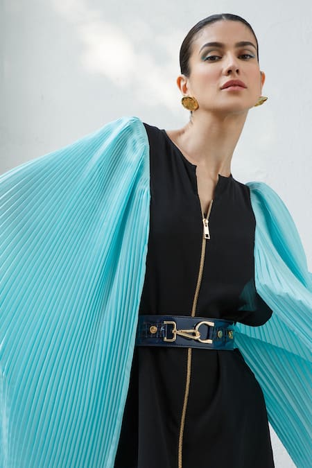 Buy Kamaali Pret Black Poly Crepe, Micro Polyester Round Pleated Sleeve Dress Online at Aza Fashions Buy_Kamaali Pret_Black Poly Crepe, Micro Polyester Round Pleated Sleeve Dress _Online_at_Aza_Fashions