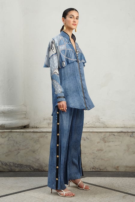 Kamaali Pret_Blue Bamberg Satin Embellished Buttons Side Trim Pant  _Online_at_Aza_Fashions