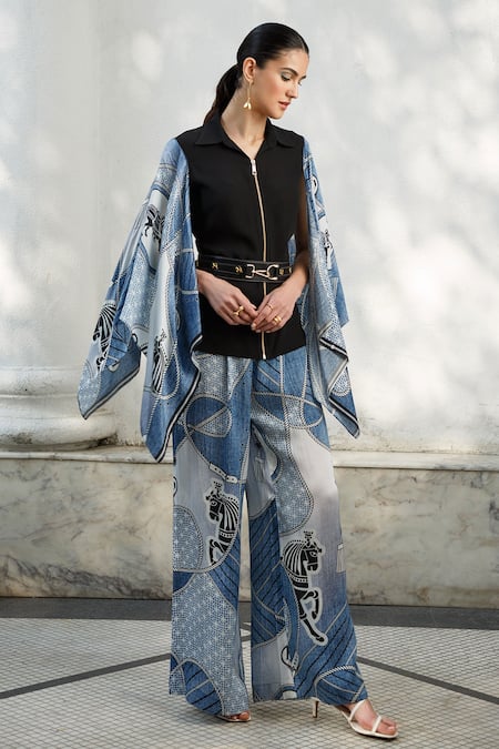 Shop_Kamaali Pret_Black Bamberg Satin, Micro Polyester Collared Neck Sleeve Top _Online_at_Aza_Fashions