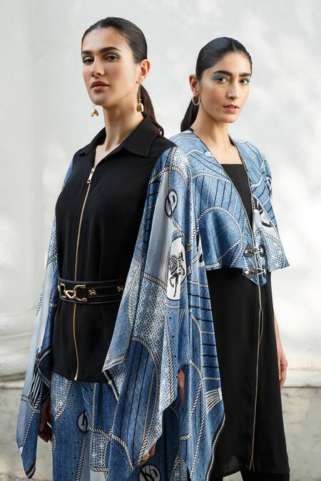 Buy_Kamaali Pret_Black Bamberg Satin, Micro Polyester Collared Neck Sleeve Top _Online_at_Aza_Fashions