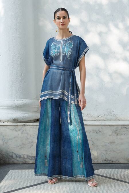 Shop Kamaali Pret Blue Bamberg Satin Horse Motif Round Print Kaftan Online at Aza Fashions Shop_Kamaali Pret_Blue Bamberg Satin Horse Motif Round Print Kaftan _Online_at_Aza_Fashions