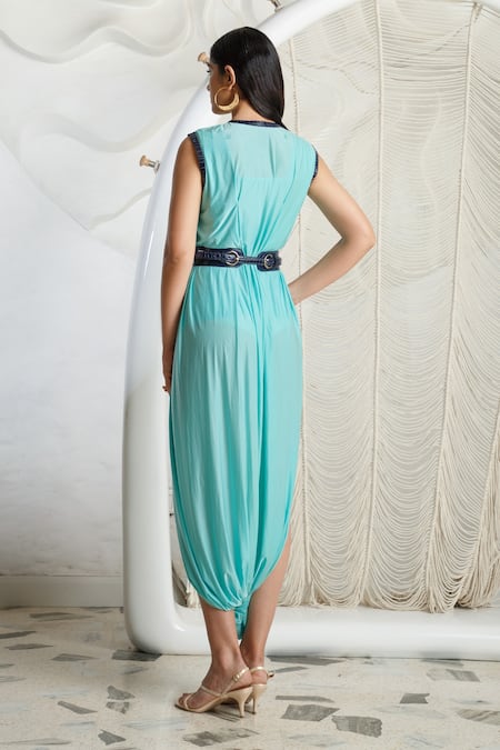 Shop Kamaali Pret Blue Nylon Lycra Plunge V Neck Draped Dress at Aza Fashions Shop_Kamaali Pret_Blue Nylon Lycra Plunge V Neck Draped Dress _at_Aza_Fashions