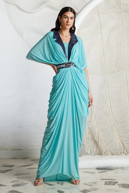 Kamaali Pret Blue Nylon Lycra Plain Notched Lapel Collar Draped Dress