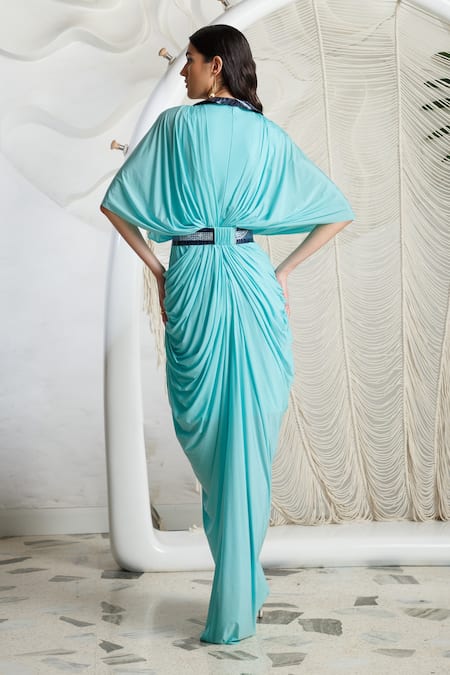 Shop Kamaali Pret Blue Nylon Lycra Plain Notched Lapel Collar Draped Dress at Aza Fashions Shop_Kamaali Pret_Blue Nylon Lycra Plain Notched Lapel Collar Draped Dress _at_Aza_Fashions