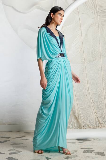 Kamaali Pret Blue Nylon Lycra Plain Notched Lapel Collar Draped Dress Online at Aza Fashions Kamaali Pret_Blue Nylon Lycra Plain Notched Lapel Collar Draped Dress _Online_at_Aza_Fashions