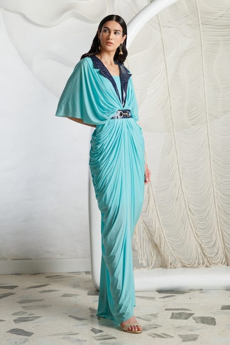 Buy Kamaali Pret Blue Nylon Lycra Plain Notched Lapel Collar Draped Dress Online at Aza Fashions Buy_Kamaali Pret_Blue Nylon Lycra Plain Notched Lapel Collar Draped Dress _Online_at_Aza_Fashions