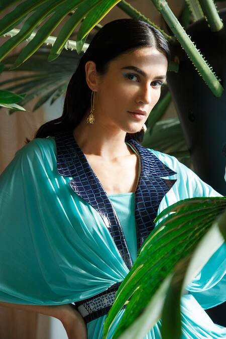 Kamaali Pret Blue Nylon Lycra Plain Notched Lapel Collar Draped Dress at Aza Fashions Kamaali Pret_Blue Nylon Lycra Plain Notched Lapel Collar Draped Dress _at_Aza_Fashions