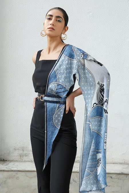 Kamaali Pret_Blue Printed Waistbelt Scarf _Online_at_Aza_Fashions