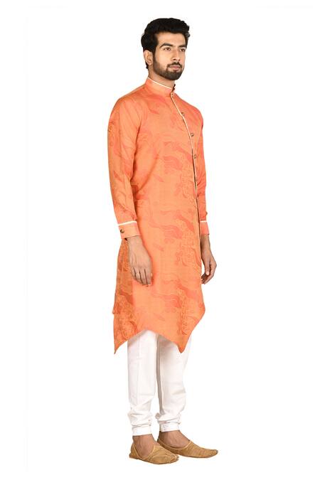 Aryavir Malhotra_Orange Sherwani Silk Asymmetric And Churidar Set_Online_at_Aza_Fashions