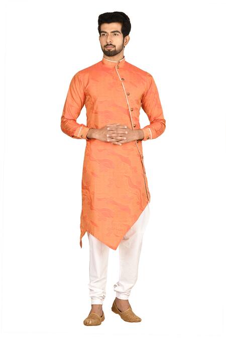 Buy_Aryavir Malhotra_Orange Sherwani Silk Asymmetric And Churidar Set_Online_at_Aza_Fashions