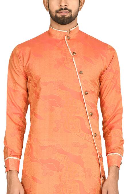 Aryavir Malhotra_Orange Sherwani Silk Asymmetric And Churidar Set_at_Aza_Fashions