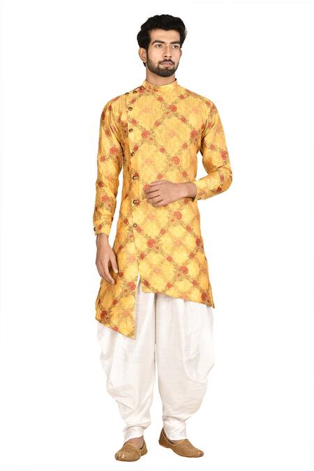Buy Nayantara Couture Yellow Silk, Cotton Printed Sherwani And Dhoti Pant Set Online at Aza Fashions Buy_Nayantara Couture_Yellow Silk, Cotton Printed Sherwani And Dhoti Pant Set_Online_at_Aza_Fashions