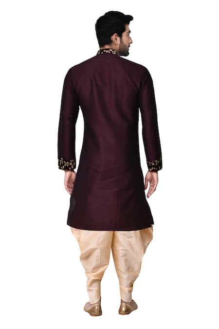 Shop Arihant Rai Sinha Maroon Silk, Cotton Embroidery Overlap Kurta And Dhoti Pant Set at Aza Fashions Shop_Arihant Rai Sinha_Maroon Silk, Cotton Embroidery Overlap Kurta And Dhoti Pant Set _at_Aza_Fashions