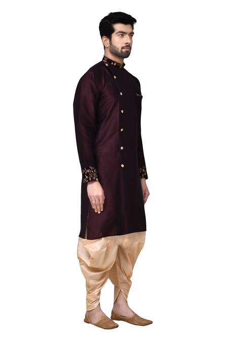 Arihant Rai Sinha Maroon Silk, Cotton Embroidery Overlap Kurta And Dhoti Pant Set Online at Aza Fashions Arihant Rai Sinha_Maroon Silk, Cotton Embroidery Overlap Kurta And Dhoti Pant Set _Online_at_Aza_Fashions