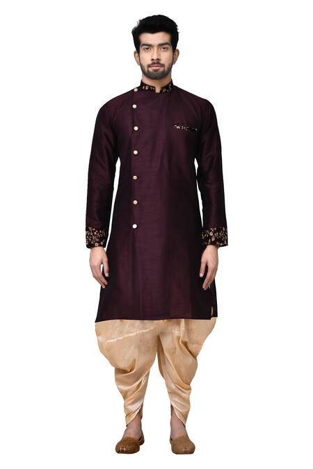 Shop Arihant Rai Sinha Maroon Silk, Cotton Embroidery Overlap Kurta And Dhoti Pant Set Online at Aza Fashions Shop_Arihant Rai Sinha_Maroon Silk, Cotton Embroidery Overlap Kurta And Dhoti Pant Set _Online_at_Aza_Fashions