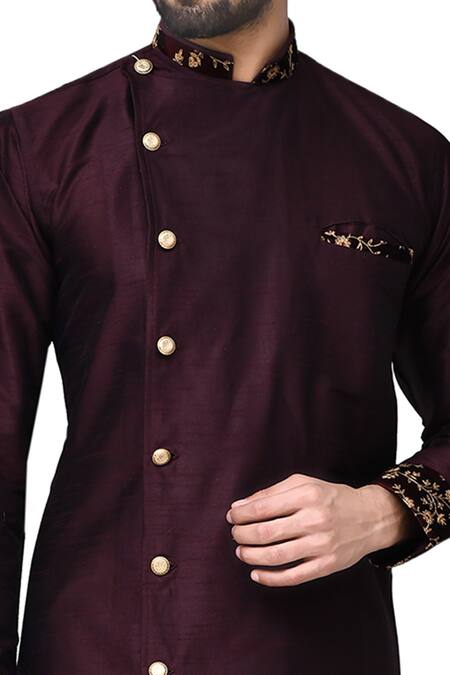 Arihant Rai Sinha Maroon Silk, Cotton Embroidery Overlap Kurta And Dhoti Pant Set at Aza Fashions Arihant Rai Sinha_Maroon Silk, Cotton Embroidery Overlap Kurta And Dhoti Pant Set _at_Aza_Fashions