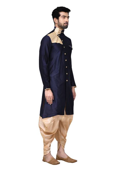 Arihant Rai Sinha_Blue Silk Patchwork Overlap Kurta And Dhoti Pant Set_Online_at_Aza_Fashions