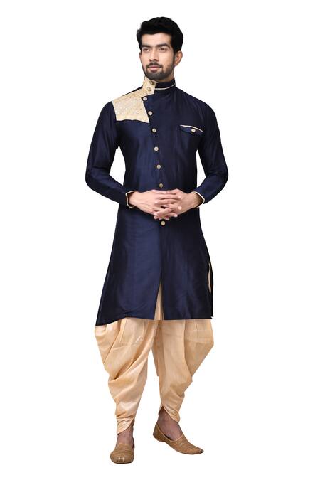Buy_Arihant Rai Sinha_Blue Silk Patchwork Overlap Kurta And Dhoti Pant Set_Online_at_Aza_Fashions