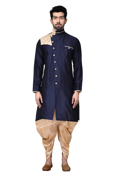 Shop_Arihant Rai Sinha_Blue Silk Patchwork Overlap Kurta And Dhoti Pant Set_Online_at_Aza_Fashions