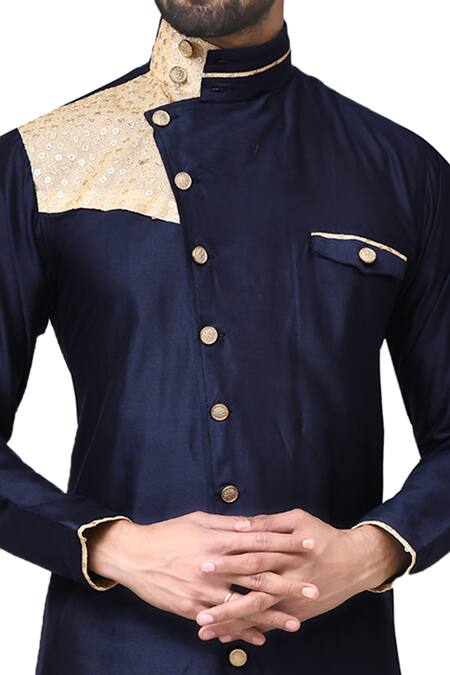 Arihant Rai Sinha_Blue Silk Patchwork Overlap Kurta And Dhoti Pant Set_at_Aza_Fashions