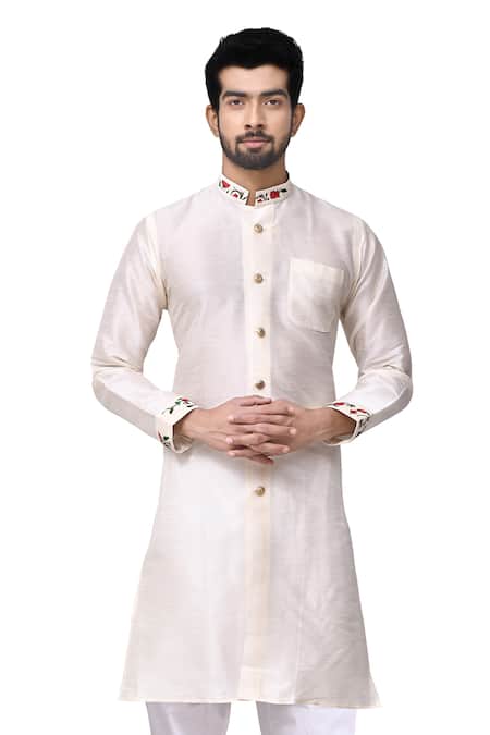 Arihant Rai Sinha White Dupion Silk Mandarin Collar Kurta Set