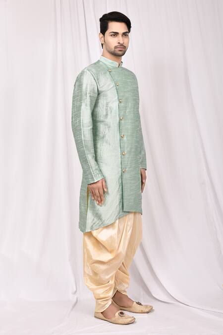 Arihant Rai Sinha_Green Silk Asymmetric Kurta And Cowl Pant Set _Online_at_Aza_Fashions