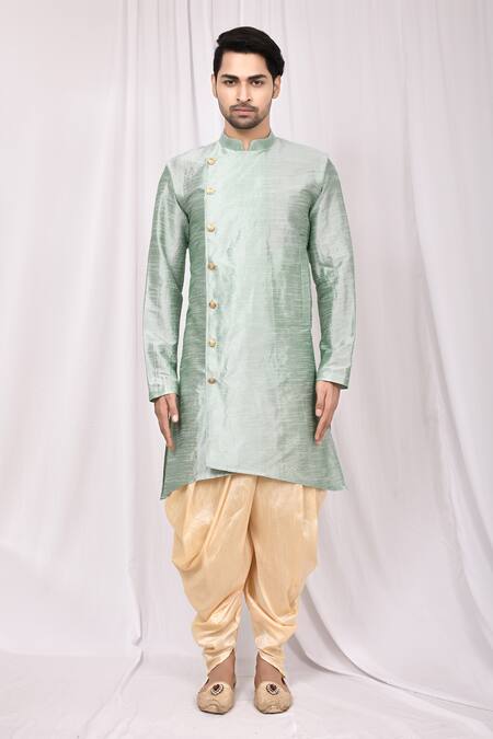 Buy_Arihant Rai Sinha_Green Silk Asymmetric Kurta And Cowl Pant Set _Online_at_Aza_Fashions
